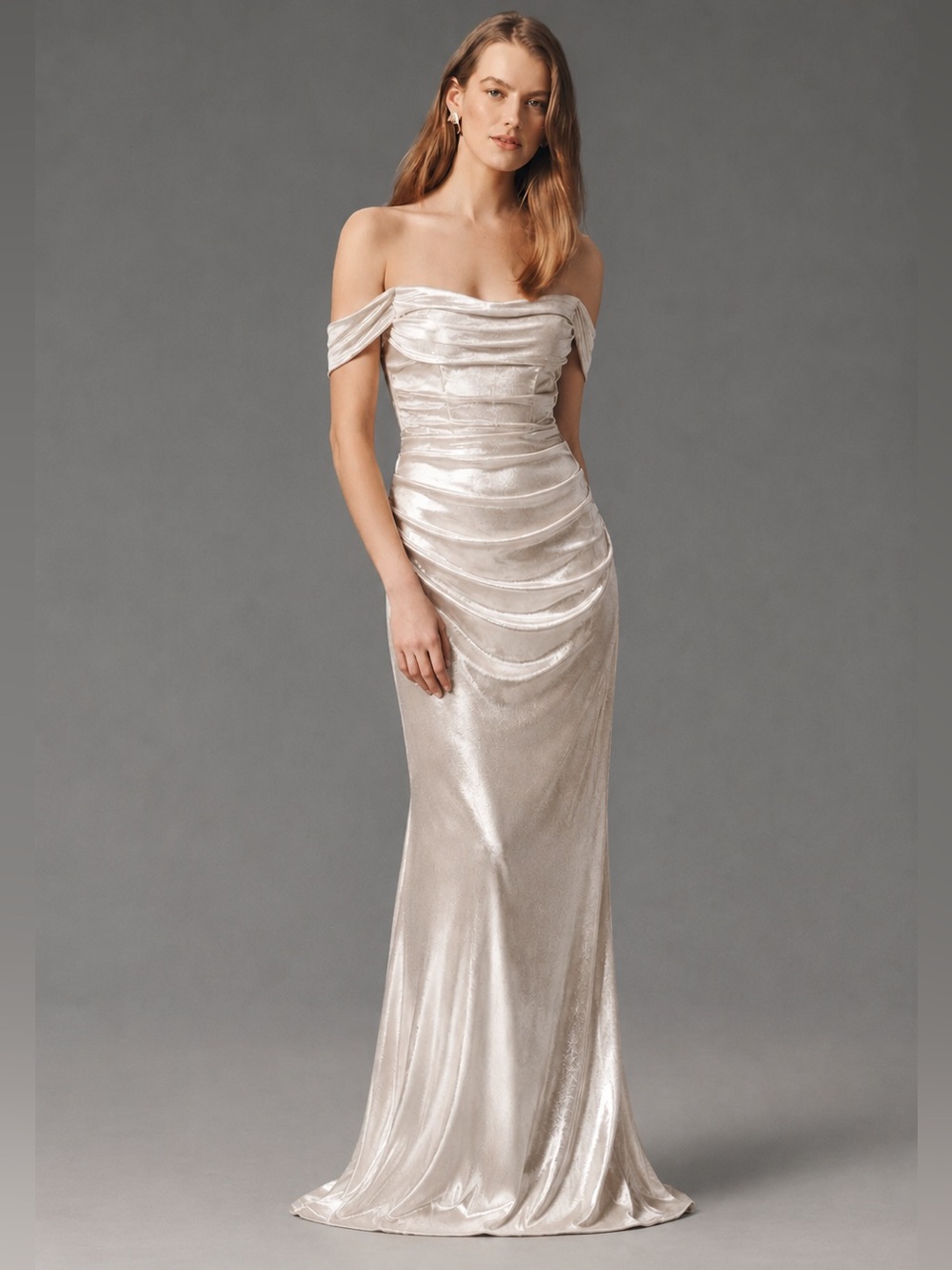 NWT Betsy & Adam Champagne
Metallic  Shimmer Ruched Off Shoulder
Gown size 8